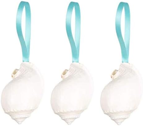 貝殻オーナメント | ホワイト貝殻クリスマスオーナメント ツリー用 | 吊り下げボンネットシェル ターコイズリボン付き | 3パック