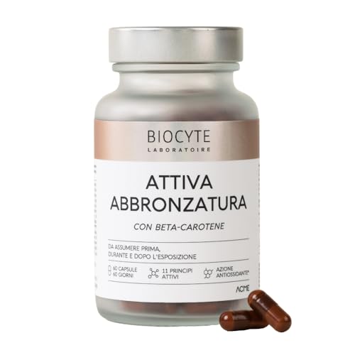 Biocyte Attiva Abbronzatura - Preparatore Solare - Integratore con Betacarotene - Rame, Vitamina D3, Vitamina E - Attivatore Abbronzatura Pelle Viso e Corpo - Vegano - 60 Capsule - 2 Mesi