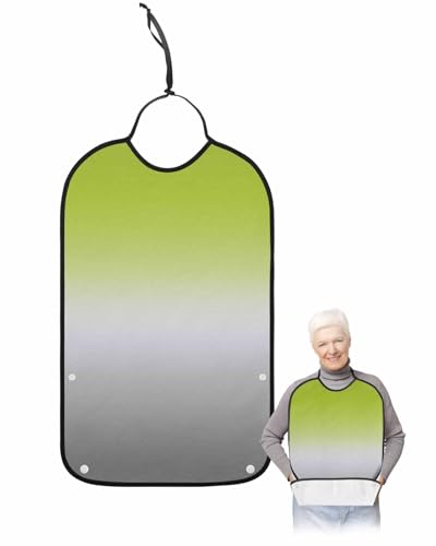 LEOKOTI Green Gray Ombre Adult Bibs for Eating, Waterproof Bibs with Food Catcher & Adjustable Snap Closure, Modern Gradient Abstract Art Washable Clothing Protectors Adult Bibs for Elderly Women/Men