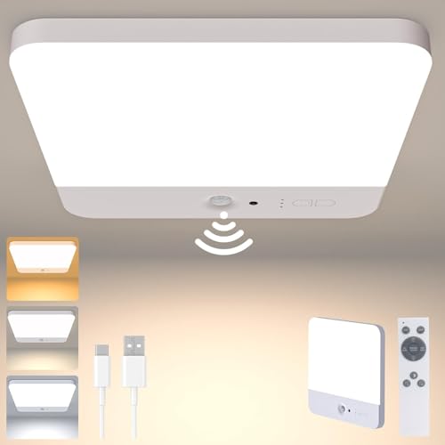 Rechargeable Ceiling Light Motion Sensor 7.3 6000mAh Battery Operated Wireless Magnetic LED Ceiling Light with Remote 3 Color Temperatures Sensor Lights for Shed Loft Bathroom Porch Stairs Garage