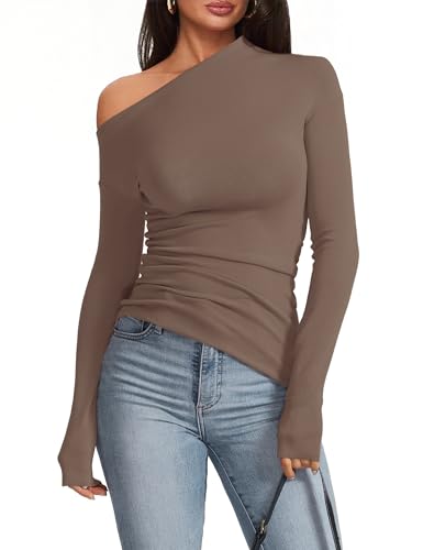 Meetrendi Women's Sexy Off Shoulder Tops Long Sleeve Asymmetrical Slim Fit Going Out Fall Blouse Ruched Tight Shirts Taupe L