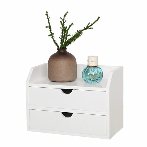 ROSE BLOOM White Wood Desk Organizer with 2 Drawer, Mini Cute Cabinet with Storage Shelf for Tabletop, Small Desktop Box Organizer for Cosmetic Office Supplies
