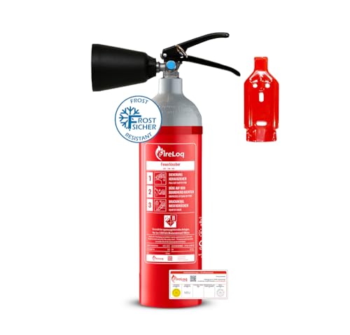 FireLoq 2kg Co2 Kohlendioxid im leichten Nicht magnetischen Alu Behälter Dauerdruck Feuerlöscher für elektrische Anlagen und EDV 34B 2 LE Dauerdruck inkl. Prüfnachweis,Wandhalter und Manometer