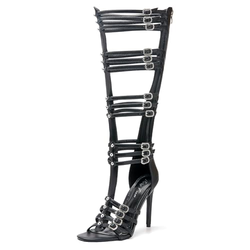 Women's Knee High Boots Hollow Open Toe Stiletto Heel Metal Bead Rhinestone Bukles 4.3IN Nightclub Party Wedding Shoes
