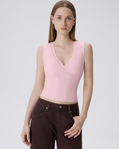 Image of SUUKSESS Women Built in Bra V Neck Tank Tops Double Lined Summer Going Out Camisole Tops