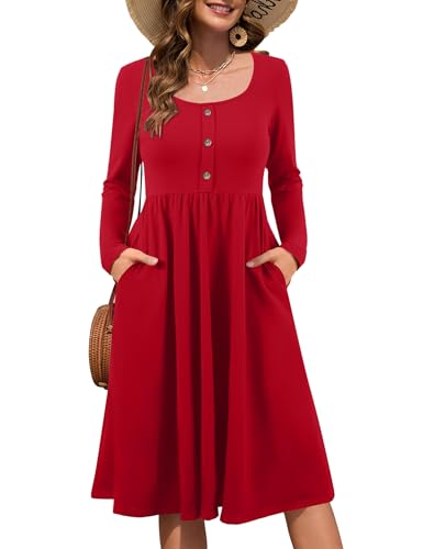 Beluring Damen Kleider Elegant Langarm Midikleid Rundhals A-Linien Winterkleid Einfarbig Shirtkleid Rot M