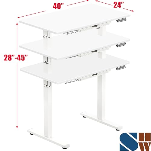 Image of SHW 40-Inch Electric Height Adjustable Standing Desk with Drawer, Memory Preset and Cable Management Tray, White