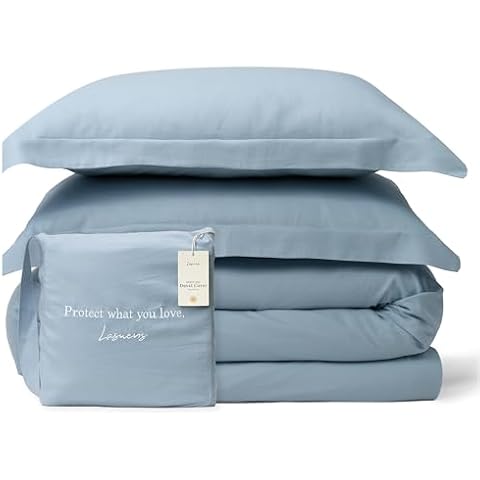 Lasuens Linen Duvet Cover Set Queen - 70% Viscose from Bamboo 30% Flax Linen, Soft Cooling and Airy Comforter Cover, Luxury Bedding Set, 1 Duvet Cover, 2 Shams, 3 Pieces, Celestial Blue - 90" x 92" Cover
