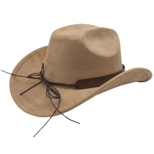 Image of Cowboy Hat for Women Men Wide Brim Western Cowgirl Hat Roll up Brim with Belt Buckle Classic Suede Country Cowboy Hat