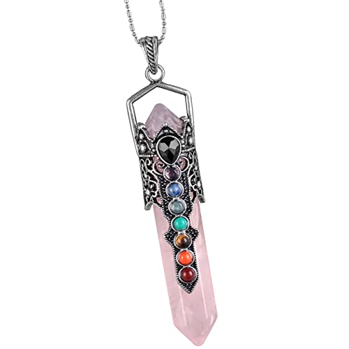 Nupuyai Vintage 7 Chakra Rose Quartz Crystal Point Pendant Necklace for Men Women Hexagonal Pendulum Reiki Healing Stone Pendant with Chain