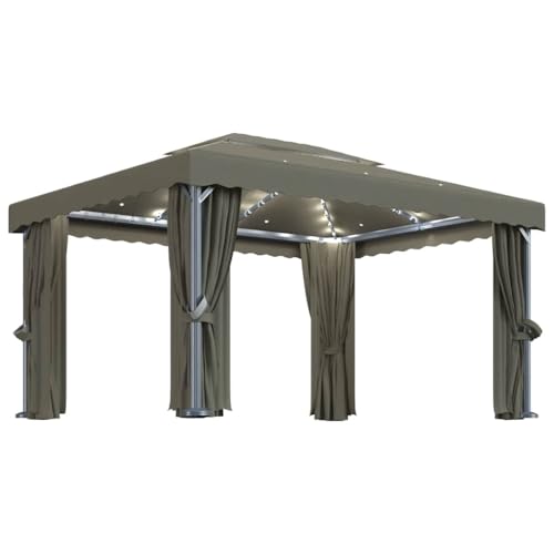 vidaXL Tonnelle avec Rideau et Guirlande Lumineuse à LED Belvédère de Jardin Pavillon d'Extérieur Tente de Réception Chapiteau Barbecue 4x3 m Taupe