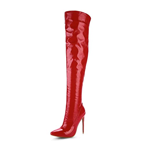 Bottes au genou pour femmes bout pointu talon haut 12cm cuir verni bottes de mode
