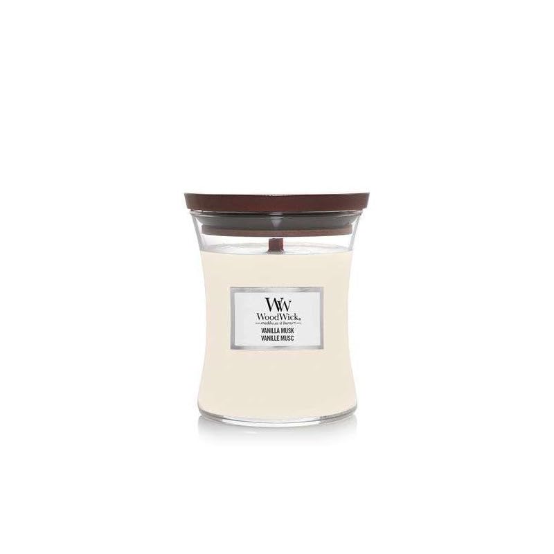 Bougie parfumée Musc à la vanille WoodWick moyenne pour salon