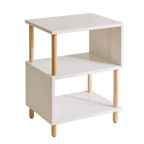 Aibiju White Night Stand with Open Storage Shelf Wood Nightstand S Shape Bed Side Table 3 Tier 20 inch high End Table White/Natural Wood YD-TM152W