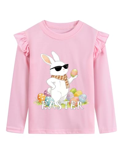 Image of Tkria Toddler Girls Happy Easter T-Shirt Bunny Eggs Ruffle Long Sleeve Shirt Kids Tee Top 2-7T