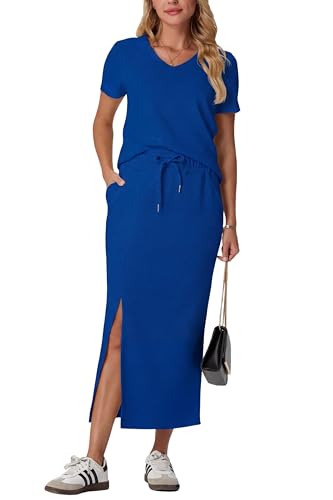 Image of GRECERELLE Women Summer Casual 2 Piece Sets V-Neck Wrinkle-Free Top & Elastic Waist Midi Side Slit Skirt with Pockets
