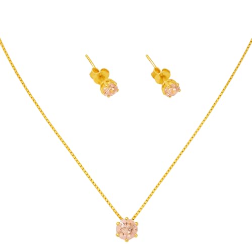 Conjunto Colar e Brincos Banhado a Ouro com Zircônia Rosa Claro – Lunnanel Semijoias