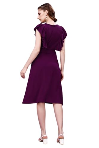Image of Women A-Line Midi Dress | V-Neck Cap Sleeve One Piece Dress with Waist Tie Detail | Knee Length Flowy Dress for Party and Casual Styling