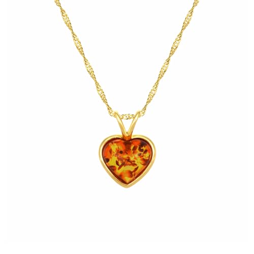 Sakrami Collar de plata 925 dorada con colgante de corazón de ámbar natural color miel o verde – para mujeres y niñas + caja personalizable – Idea regalo San Valentín y aniversario, ÚNICO, Plata
