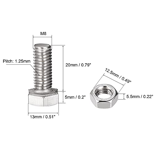 Image of uxcell M8 x 20mm Hex Head Screws Bolts, Nuts, Flat & Lock Washers Kits, 304 Stainless Steel Fully Thread Hexagon Bolts 4 Sets