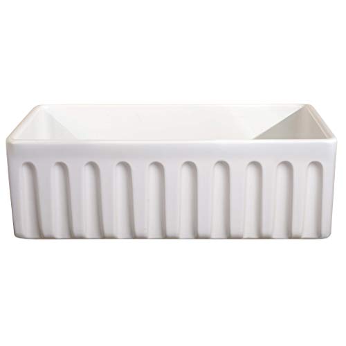 Fireclay Sink, Single Bowl Farmhouse Apron Kitchen Sink, Flat or Fluted Reversible Installation Option, White, 36 Inch. by ClayPro - Used condition - Image 4