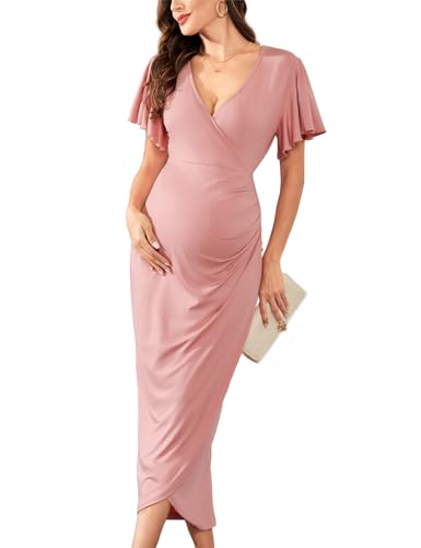 CYCLAMEN Vestido cruzado de maternidad, cuello en V, mangas con volantes, semiformal, baby shower, sesión de fotos, cóctel, fiesta, embarazo, Rosa (Dusty Pink), XXL