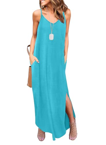 HUSKARY Women's Summer Casual Sleeveless V Neck Strappy Split Loose Dress Beach Cover Up Long Cami Maxi Dresses with Pocket
