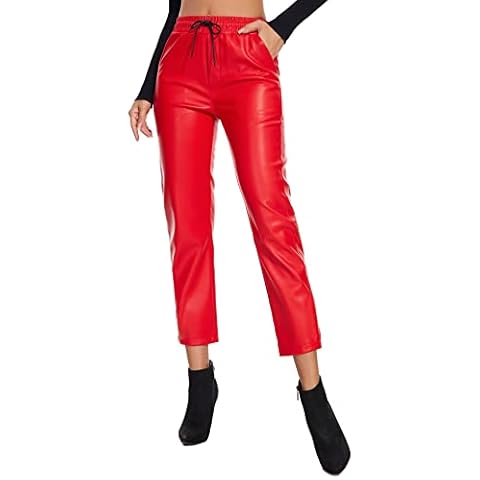 Tagoo Faux Leather Pants for Women High Waisted Pleather Joggers Straight Leg Trousers with Pockets Red Cover