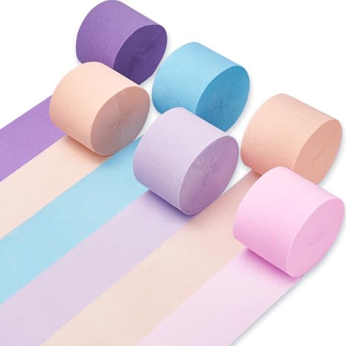 Image of PartyWoo Crepe Paper Streamers 6 Rolls 492ft, Pack of Peach, Purple, Light Pink and Pastel Blue Party Streamers for Mermaid Birthday Decorations, Mermaid Party Decorations (1.8 Inch x 82 Ft /Roll)