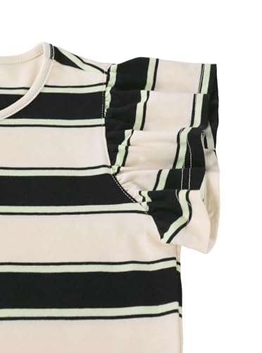 Image of Girls Striped Shirt Flutter Sleeve Top Crewneck Cute Summer T Shirts Casual Tees Black Apricot 9-10 Years