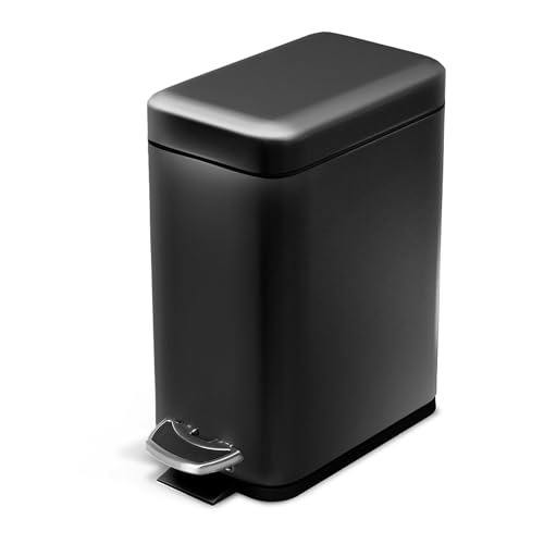 Image of Home Zone Living 1.3 Gallon Small Bathroom Trash Can with Lid and Step Pedal, Stainless Steel Wastebasket with Slim Design for Home and Office, Matte Black, 5 Liters