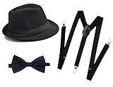 Soffpjy 1920s Mens Costume Fedora Hat Gatsby Gangster Accessories Suspenders & Pre Tied Bow Tie (Black A, Large（59-60cm）)