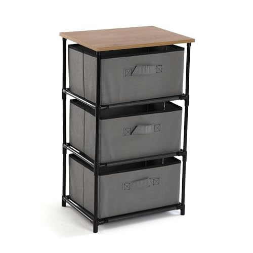 TIENDA EURASIA - Cajonera de Dormitorio | Diseño Vintage | Estructura de Metal | Tapa de Madera | Cajones de Tela Gris con Asa | Cómodas y Cajoneras (3 Cajones - 40 x 30 x 68 cm)