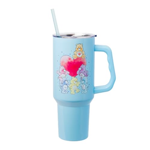Image of Silver Buffalo Care Bears Watercolor Featuring Tenderheart, Cheer, Grumpy, Funshine, Bedtime, Share Bear Double Walled Stainless Steel Tumbler w Handle & Straw, Fits in Standard Cup Holder, 40 Ounces