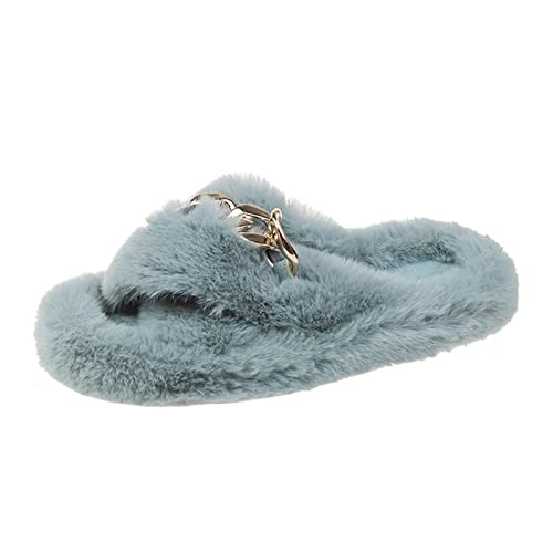 Belle Chaîne Fourrure Pantoufles pour Femmes, Hiver Chaud Mode Fourrure Diapositives Chaînes en Métal Chaussures Maison Plancher Intérieur en Peluche Pantoufles (Couleur : Bleu, Size : 40 EU) Cover