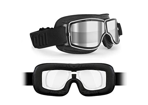 Bertoni Occhiali Moto Vintage Aviatore Harley in Pelle Nera Frontale Ventilato in Metallo Cromato mod. 188 Maschera Moto per Casco (Lente Trasparente Specchiata + Clip Ottica)