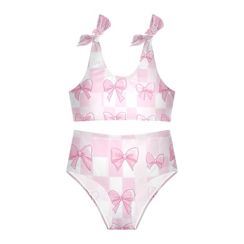 Plaaee Girls' 2 Piece Swimsuits Pink Bows Checkered Cute Bikini Set Bathing Suit 4T