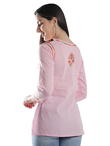 Image of Seva Chikan Hand Embroidered Lucknowi Chikankari Cotton Short Kurti Tunic Top for Women SCL4076
