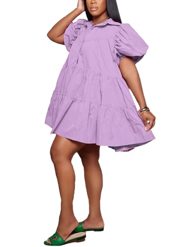 Image of WOKANSE Women's Cute Babydoll Dresses Casual Loose Puff Sleeves Ruffle Hem Button Down Pleated Shirt Dress