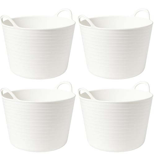 TUKA Pack 4 Capazos de Plástico 42 L – Blanco Profesional | Barreño, Cubeta Resistente Multiusos para albañilería, jardinería, Agricultura y hogar(4, Blanco)