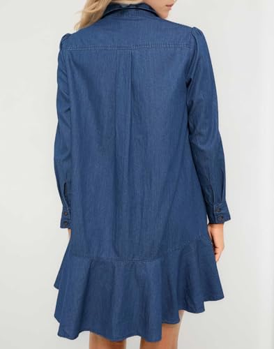 Women's Long Sleeve Denim Shirt Dress Button Down Ruffle Flowy Collared Mini Shift Drop Waist Jean Dresses3