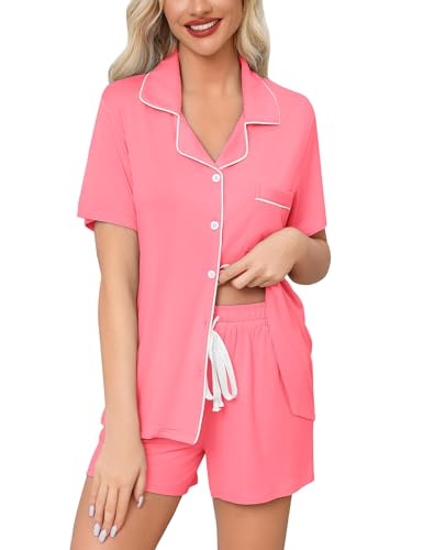 Image of Anjue Womens Pajamas Set Short Sleeve Button Down Soft Pj Sets S-XXL | V neck,Pyjamas,Modal,Wedding,Pijamas de mujer,Bridal party,Viscose,Knit,Cute,Lounge,Lightweight,Nursing,Holidays