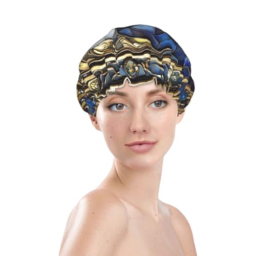 Stained Glass Moon Stars White Face Prints Shower Cap Double Layer Lined Waterproof Bathing Shower Hat