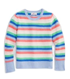 vineyard vines Girls' Striped Waffle Crewneck Sweater, Calm Waters, XL