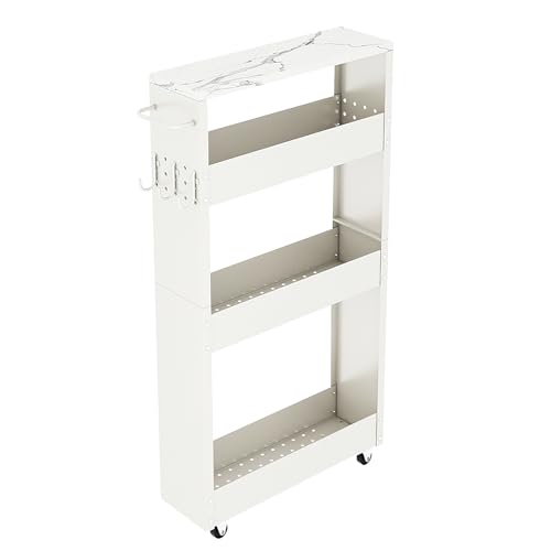 pupustar 13cm超薄型隙間収納ワゴン 移動式4段ラック 冷蔵庫/洗濯機横設置 木目天板+メタルフレーム キッチン/洗面所対応 (ホワイト)
