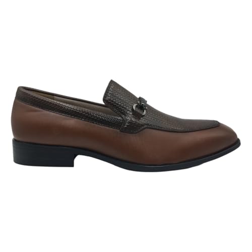 Men's Leather Loafers, Croco Pattern, Cognac Brown and Black, Classic Dress Shoes with Metal Bit Buckle2