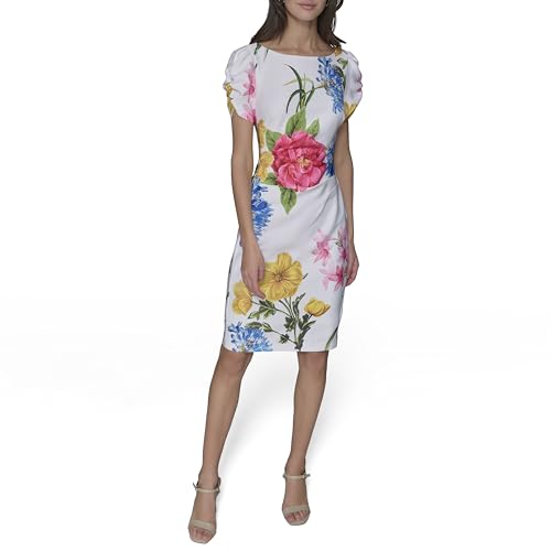 Image of KARL LAGERFELD Short Ruched Sleeve Jewel Neck Sheath Mini Dress