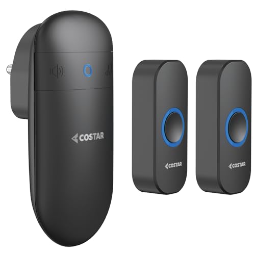 COSTAR Wireless Door Bell Kits Chime for Home Office with LED Light 300 Meter 1000 Feet Operating Range 32 Ringtones 5 Levels Volume, 1 Receiver and 2 Push Button IP44 Waterproof (Pebble T312-Black)