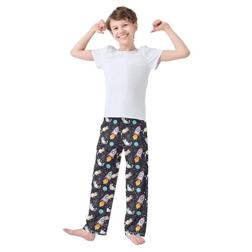 ZZXXB Space Cat Rocket Boys Long Pants Soft Trousers Elastic Waist Kids Lounge Bottoms with Pockets S-XL2