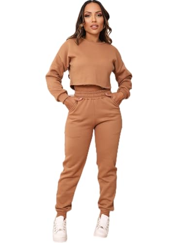 Genérico, Conjunto Moletom Feminino Flanelado Premium, Cropped e Calça com Bolsos, Macio e Quentinho (BR, Alfa, M, Regular, Regular, Caramelo)